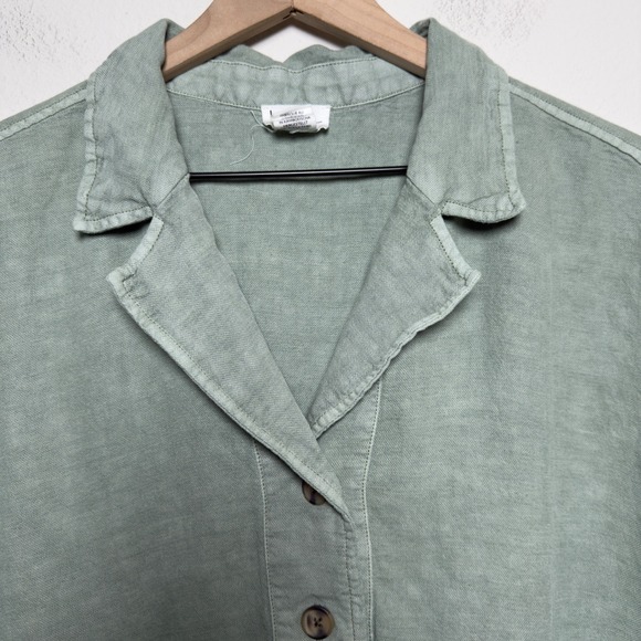 Nicole Miller Women 100% Linen Sweater Green Henley Lagenlook Coastal Minimalist - Picture 4 of 9